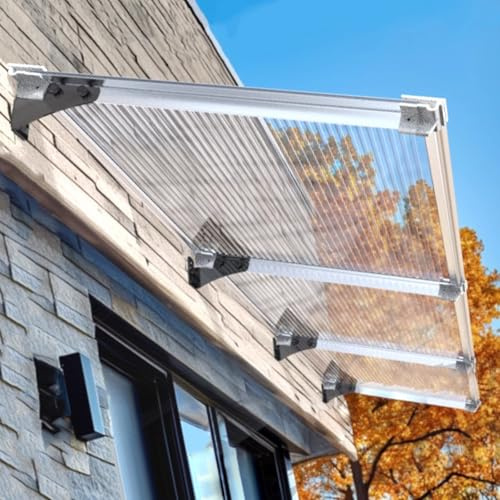 Marquise Solaire Abri en Aluminium,Auvent de Porte et Fenêtres,Auvent Marquise pour Porche Extérieur,d'Entrée Résistante Toit Abri Contre la Pluie et UV,Style Moderne (Clear,65x380cm/26 x150)