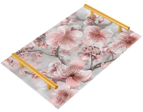 Plateau décoratif en plastique avec poignées - Style bohème - Fleur florale - Or rose - Pour manger des bijoux, des parfums - Plats de service bandejas pour desayuno personalizado