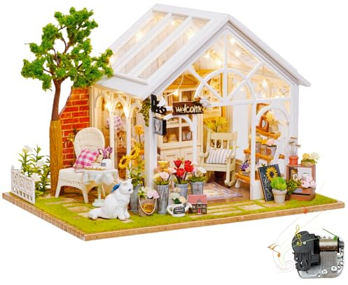 Generico Casa delle Bambole in Miniatura Fai da Te con Serra, Kit Modello Veranda, Design di Un caffè Francese, Lavoretti per Adulti E Ragazzi (Sunny Flower Room B)