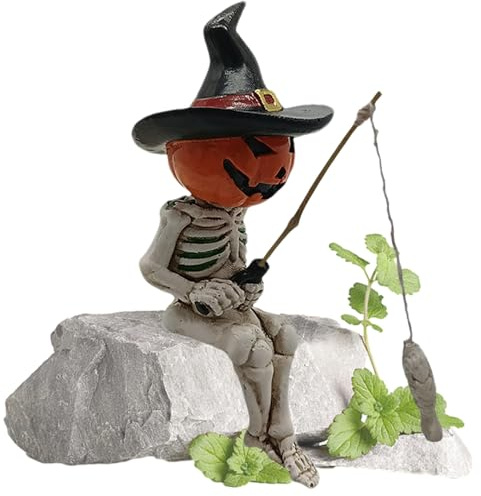 Generisch Small Skeleton Fishing Skeleton, Halloween Decor Statue Gothic Skull Garden Sculpture Sacrum Pumpkin Resin Figure for Aquarium Pond Pool Fountain Yard