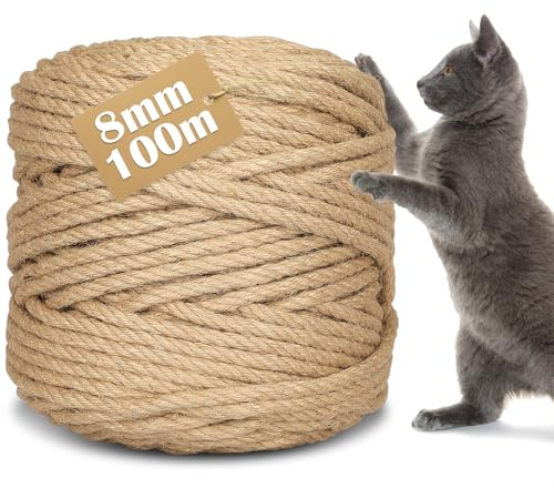 CIOXSOIO Corde en Sisal pour Arbre à Chat de 8mm x 100m, Corde en Chanvre Naturel pour Chat Scratch Pilier, DIY Décoration de Jardin et Maison, Réparation et Remplacement