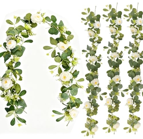 4 Piezas Guirnalda Flores Artificiales de Eucalipto, 1.8m Guirnalda de Rosas Artificiales Flores Artificial Vid de Seda Plantas Decorativa para Colgar en Pared para Arco de Boda, Arreglo de Puerta