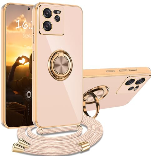 XCYYOO Funda Brillante con Cuerda para Xiaomi 13T / 13T Pro [con Soporte Invisible] Silicona Carcasa Antigolpes Anti-Arañazos Funda con Cordón Ajustable Xiaomi 13T / 13T Pro, Rosa