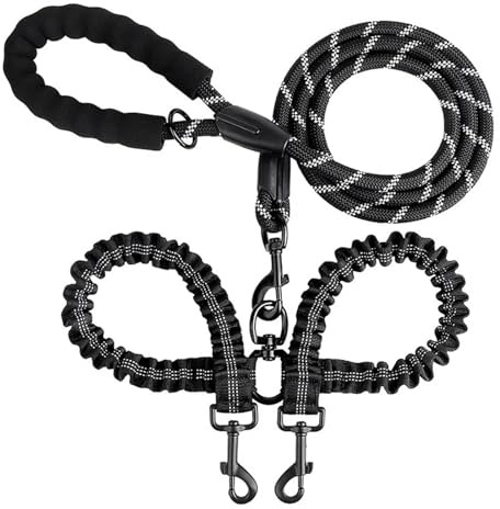 Dubbelkoppel för husdjur hund elastiskt rep två huvuden nylon ett drag husdjur hand håller rep anti-lindning elastiskt hundkoppel (svart)