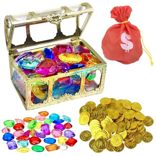 Wrbugukeji Pirate Treasure Chest Box, 62 Pcs Colorful Diamond with Pirate Treasure Chest Box, Treasure Chest for Swimming Pool Party Favors Birthday Gift