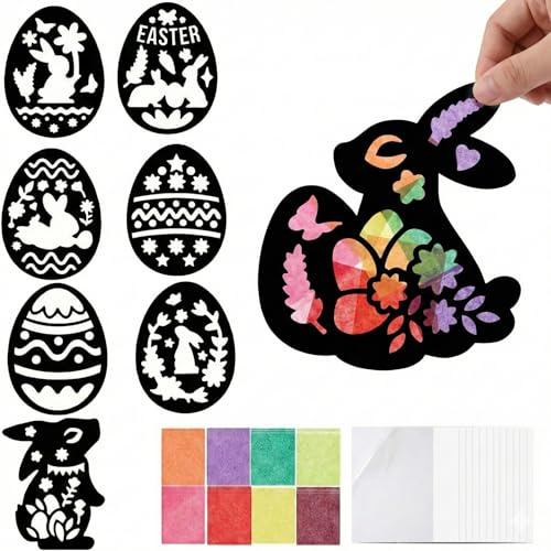 HONHHUO Ostern Basteln Kinder Fensterbilder Set – DIY Oster Bastelset mit Buntglas-Effekt, 8 Ostereier & Osterhasen Motive, Fensterbilder Frühling für Kindergarten & Familie