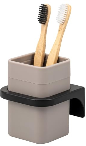 bremermann Zahnputzbecher Savona mit Soft-Touch Oberfläche, eckiger Becherhalter inkl. Wandhalterung zum Kleben oder Bohren, Zahnbürstenhalter aus Kunststoff (Taupe)