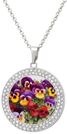 FekiLoot Pansy Perfection Round Coin Pendant Necklace Fashion Jewelry Necklace Elegant Circle Diamond Necklace for Women Jewelry Gift
