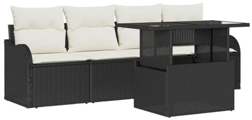 pokgdf Höhenverstellbarer Beistelltisch Garten Sofa Set 5-teilig in Schwarz aus Poly Rattan, Modulares Rattan Sofa Set für Außenbereich mit Kissen, Poly für Terrasse mit Tisch