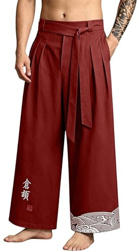 Générique 2026 Pantalón Japonés para Hombre Pantalón Taro para Hombres de Lino Ropa Asiática Kimonos Tradicionales Japoneses Estilo Japonés Holgado Pantalones con Cordón y Bolsillo, Vino, M