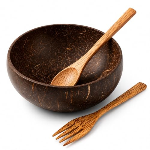 HANXIANG 3PCS Coconut Bowl and Wooden Spoon Set | Handcrafted Natural Coconut Shell Smooth Finish Ecofriendly Durable for Dining Serving Fruits Salads and Storage