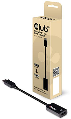 CLUB 3D DisplayPort 1.4 a HDMI 2.0b HDR Adpatador Activo - Adaptador para Cable (DisplayPort 1.4, HDMI 2.0b, Male Connector/Female Connector, Negro)
