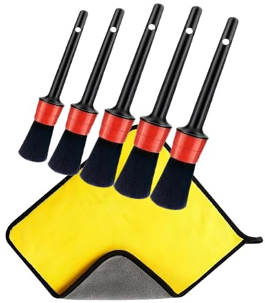 Car Cleaning Brush 6 Pcs Detailing Dust Boars Bristles Set 5 Hair Brushes and 1 Microfiber Cloth for Cleaning Interior/Exterior of Car