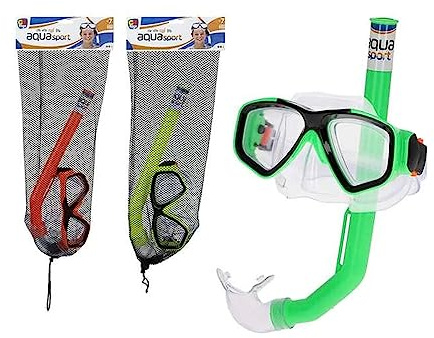 AKTIVE Aqua Sport Set Gafas Snorkel niño, Tubo Buceo, Máscara Ajustable, Hipoalergénica, Sin látex, 3 Colores, Amarillo, Naranja, Verde, Envío Aleatorio, Red Rejilla de Transporte, 7 años (53933)