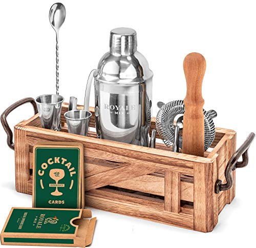 Mixology Barkeeper-Set mit Holzständer, tolles Einweihungsgeschenk, 12-teiliges Bar-Werkzeug-Set mit Cocktail-Kit-Karten – Premium-Barkeeper-Set für EIN lustiges Bar-Set – Cocktail-Shaker-Set aus