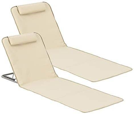[en.casa] Set di 2 Materassini Prendisole da Spiaggia con Borsa di Trasporto, 2 Lettini Pieghevoli con Poggiatesta, Schienale Regolabile in 5 Posizioni + Tasca Portaoggetti - Beige