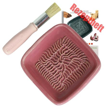 ANCKERAMIC® Ceramico Reibeteller & Backpinsel mit Naturborsten, Set aus Keramik für Knoblauch, Ingwer, Muskat, Handmade (Pink/Rosa)