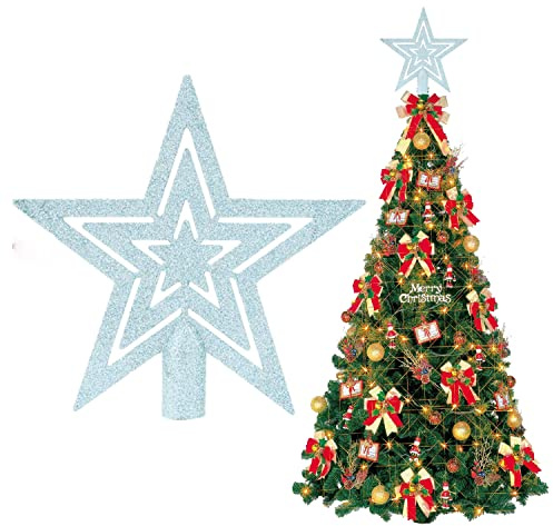 Hellblaue glitzernde Stern-Baumspitze, 20 cm, luxuriöser Weihnachtsbaumschmuck, bruchsichere Baumkrone für Weihnachtsfeier und Heimdekoration