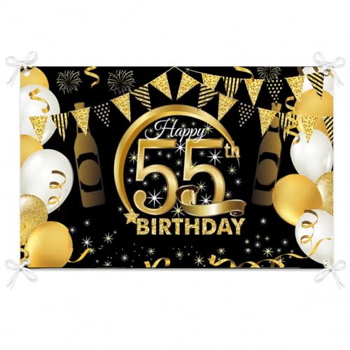 PLATEYTR 55 Años Decoración de Fiesta de Cumpleaños55 Años Fondo de Cumpleaños de Oro Negr,55 Años Banner de Fondo de Feliz Cumpleaños,Póster de Tela Cartel Extra Grande