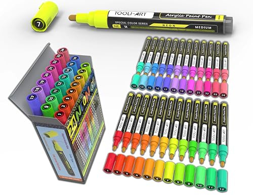 24 Neon Fluorescent Acrylic Paint Pens Medium Special Colour Series Markers Set 3mm Tip, Rock Painting, Glass, Mugs, Wood, Metal, Canvas, DIY Projects, Detailing. Non Toxic, Waterbased, Quick Drying