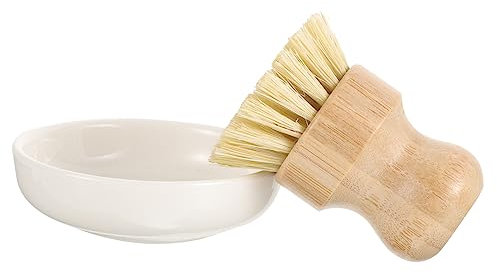 SEWOART Dish Pot Pan Brushes Set Kitchen Pot Brush with Ceramic Drain Dish Base Wooden Cleaning Scrubbers Moderate Hardness Bristles Sink and Bathtub