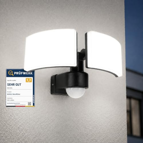 SSC-LUXon NORSU Außenstrahler 2-flammig 40W mit Bewegungsmelder IP65 | Doppelter LED-Fluter mit Bewegungs- & Dämmerungssensor - 40W neutralweiß, zwei schwenkbare Köpfe für Hof & Einfahrt, IP65