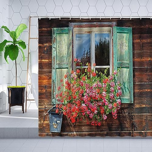 Rumlly Retro-Duschvorhang mit Alten Holztüren, Vintage-Blumenfenster, Bauernhaus, Scheune, Fensterläden, Wanddekoration, Badezimmer-Hängevorhänge-Set, 180 x 220 cm (71 x 87 Zoll)