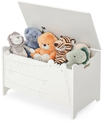 GOPLUS Kinder Spielzeugkiste mit Krokodilmuster, Aufbewahrungsbox mit Sicherheitsscharnieren & Sicherheitsrillen, Spielzeugorganisator mit Griff & Deckel für Kinderzimmer, Kindergärten & (Weiß)