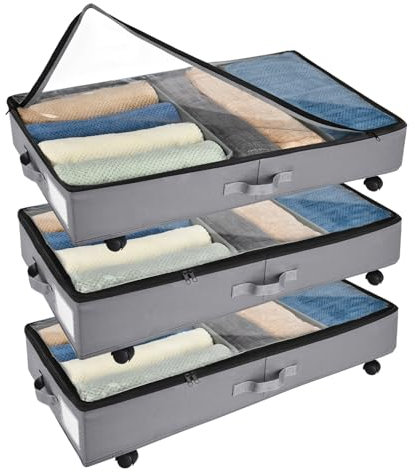 Xtsuen 3 Stück Unterbett Aufbewahrung, Unterbettkommode mit Rollen 360° Drehung and Metallrahmen, Faltbare Großes Fassungsvermögen Vliesstoffe Aufbewahrungstasche für Kleidung, Schuhe und Decken