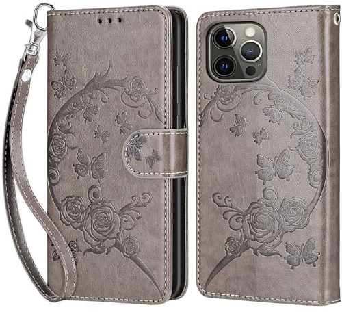 KENHONER Handyhülle für iPhone 13 Pro Hülle, Grau Blumen | PU Leder Flip, Klappbar, Stoßfest, Magnetisch, Standfunktion, Kartenfächer, Retro Design, Handgelenkband