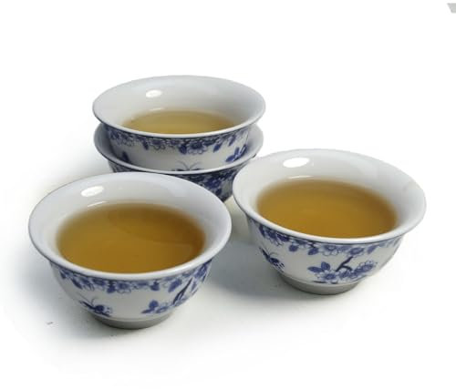 Liang baobao Set di 4 tazze da degustazione di tè tradizionali cinesi, in porcellana bianca, 56,7 g, per cerimonia del tè Gongfu (farfalla e fiore d'amore)