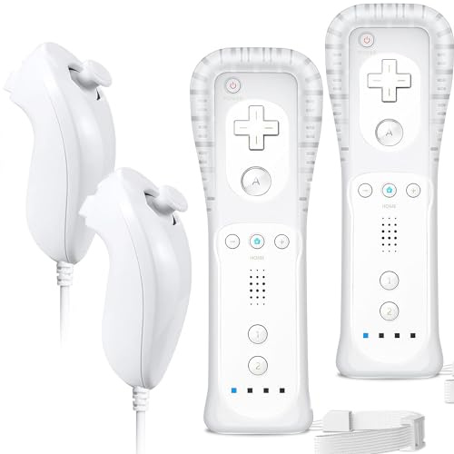 SONVIEE Wii Remote Controller und Nunchuck Joystick Ersatz Fernbedienung für Wii mit Silikonhülle und Handgelenkschlaufe, Ohne Motion Plus (NOMOTION- white x 2)