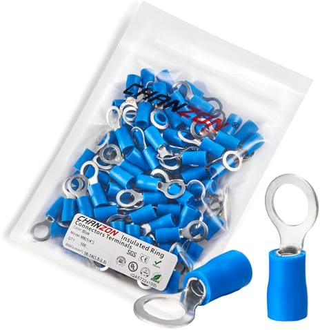 Chanzon 100 terminales de anillo azul – M6 1/4 pulgadas – Conector de cable de ojal de PVC aislado con certificación UL calibre 16-14 AWG conector de engarzado eléctrico para barco camión