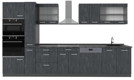 Vicco Küchenzeile R-Line, Schwarz Beton/Anthrazit, 350 cm | 9 Module · Höhenverstellbare Füße · AP Anthrazit inkl. · Robuste Fronten · Mit Backofen-/Mikrowellenschrank