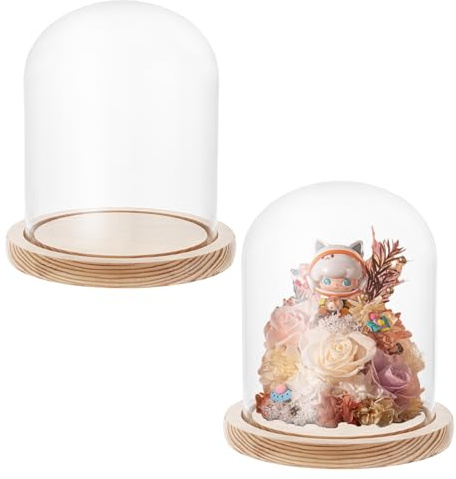 AKOLAFE 2 campanas de cristal con base de madera, 16 cm de alto, cúpula de cristal, decoración de 12 cm de diámetro, campana de cristal, transparente, decoración para muñecas, velas, coleccionables