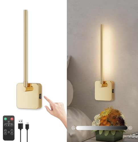 Klighten Led Wandleuchte Innen Mit Akku Kabellose, 3W 3000K Wandlampe Innen mit Fernbedienung, 5000mAh Batterien Mit USB-C, 350°Drehbare mit Dimmbar und Timing-Funktionen, für Wohnzimmer, Brass