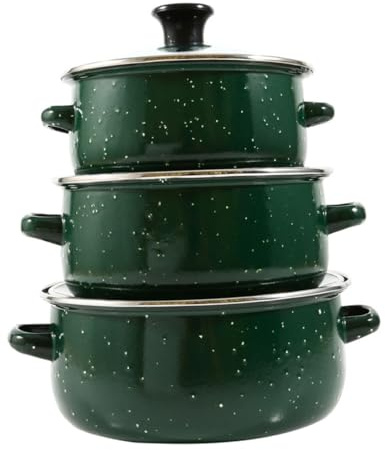BIUDECO Lot de 3 Mini Marmites en Émail Vert, Bols à Ramen à Double Poignée, Pots à Fond Plat, Cocottes en Fonte Adaptées Cuisinières à Gaz, Ustensiles Polyvalents pour Soupe Cuisine Quotidienne