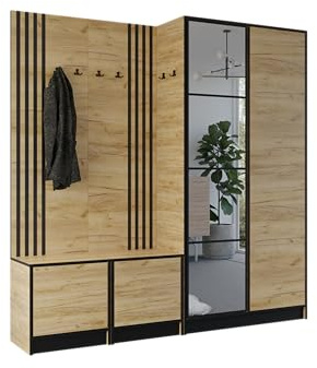 KIER FURNITURE Flurgarderobe Modern - Garderobenschrank mit Sitzbank, Haken und Schuhschrank - Flur Möbel Geräumig und Stilvoll - BxHxT 211,2x205x39cm - Craft Eiche