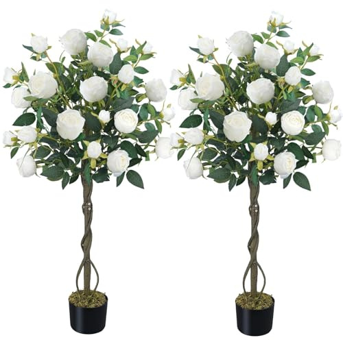 HUAESIN Künstlicher Rosenbaum, 120 cm, künstliche Seidenblumen, hohe künstliche Pflanzen für den Innenbereich, Kunstbaum mit weißen Blumen, künstlicher Übertopf für Zuhause, Wohnzimmer,