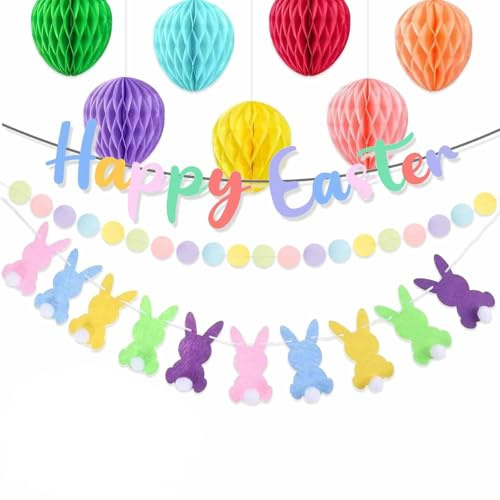 Ostern Deko Set zum Aufhängen Ostereier Deko mit Ostergirlande Osterdeko Wabenball, Deko Ostereier Osterhase, Unikale Girlande mit Verstellbarem Text für die ultimative Ostervergnügen