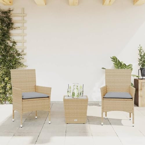 Xichuzi 3-TLG. Bistro-Set mit Kissen Beige Poly Rattan und Glas, Gartenset Tisch Und Stühle, Balkon Möbel Für Kleinen Balkon, Terrassenmöbel, Balkonset, Balkonmöbel - 3278743