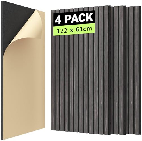 TONOR Akustikpaneele holz 2,976m²-4 Stück 122 x 61 x 2,1 cm, Wandpaneele Holz Selbstklebend Holzpaneele Wand, Akustische Behandlung und Wanddekoration für Studio, Schwarz (mit Maserung)