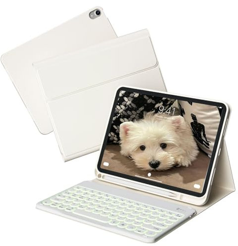 KVTVOU Keyboard Case for iPad 11th Generation A16 2025, iPad 10th Generation 2022 10.9 Inch, Wireless Bluetooth Keyboard, Magnetic Detachable, 7 Backlight Colors, Built-in Pencil Holder, Cream White