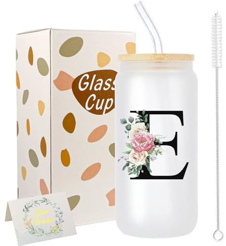 JEKUGOT Regalos personalizados para mujeres, vaso personalizado para mujeres, tazas personalizadas de la A a la Z para mujeres, amigas, taza de vidrio con tapa y pajita, taza de viaje personalizada
