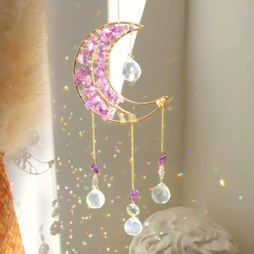 Luzoybo Crystal Suncacher - Prisme de fenêtre intérieure - Cristal de lune - Attrape-rêves - Pierres de guérison naturelles - Créateur d'arc-en-ciel - Décoration extérieure (violet)