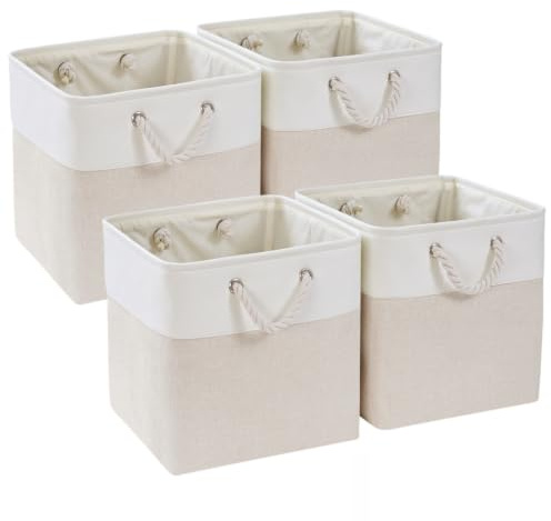 Mangata Aufbewahrungsbox Stoff, 30x30x30cm Aufbewahrungskorb in Würfel zum Organisieren von Kleidung und Spielzeug, Korbe Stoff für Schrank, Regal(Hellbeige/Weiß, 4er Pack)