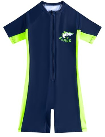 JiAmy Maillot de bain une pièce pour garçon Protection solaire Maillot de bain Boyleg enfant Rashguard Maillot de bain pour 8-13 ans, vert fluorescent, 10-11 ans
