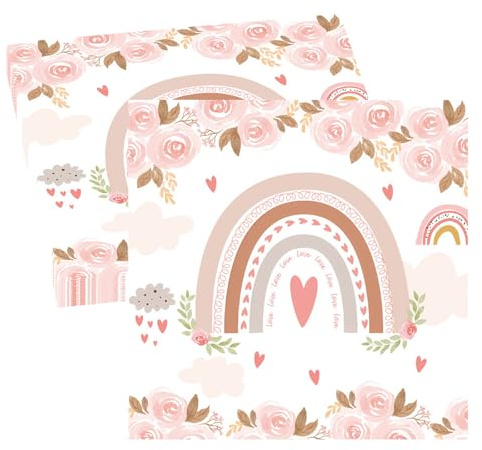 Ovanda Baby Shower 20 Stück Servietten, 33x33cm Boho Regenbogen Servietten, Servietten Geburtstag Hochzeit, Einwege Blumen Servietten servietten für Babyparty Mädchen Kinder Geburtstag Party Tischdeko
