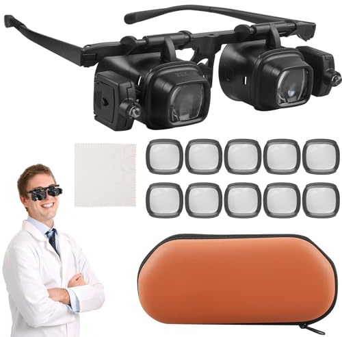 Gafas de lupa con luz LED, manos libres, lupa de lectura con caja de almacenamiento, 2 luces LED, 6 lentes intercambiables, 2 x 6 x 8 x 12 x 24 x para leer relojes de manualidades, reparación de joyas