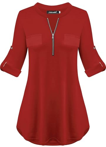 Odosalii Tunic Tops for Women UK Plus Size Clothing Womens Going Out Tops V Neck Long Sleeve Red T Shirts Size 22 24